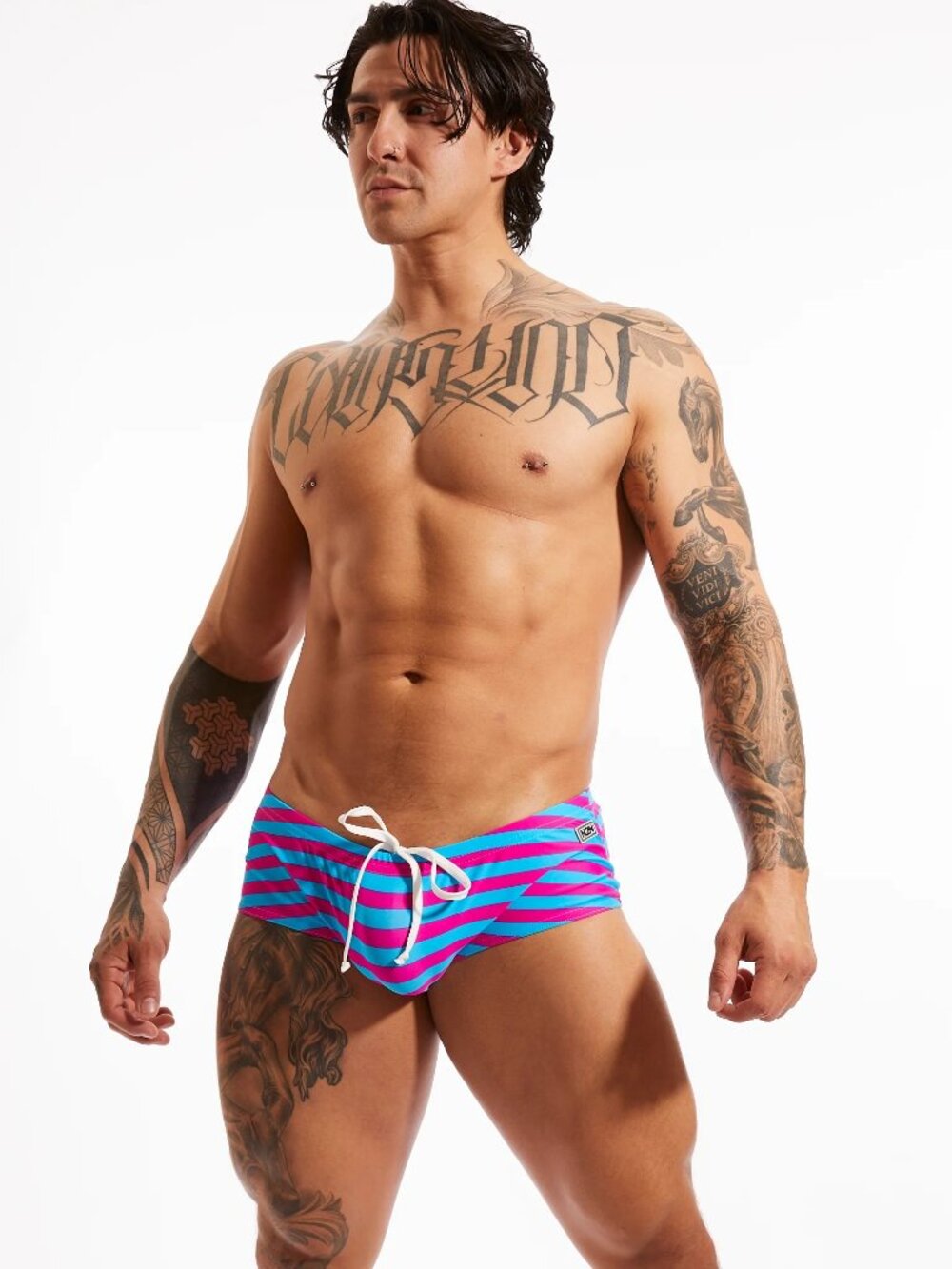 N2N Bodywear Prime Stripe Swim Trunk (PS51) - Blue / Neon Pink